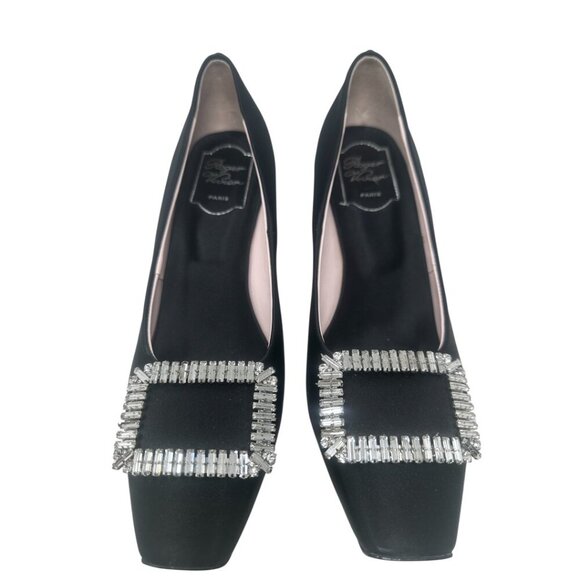 Roger Vivier Trompette Crystal Buckle Squared Toe Black Satin 70mm Pumps Size 11 - Picture 6 of 16